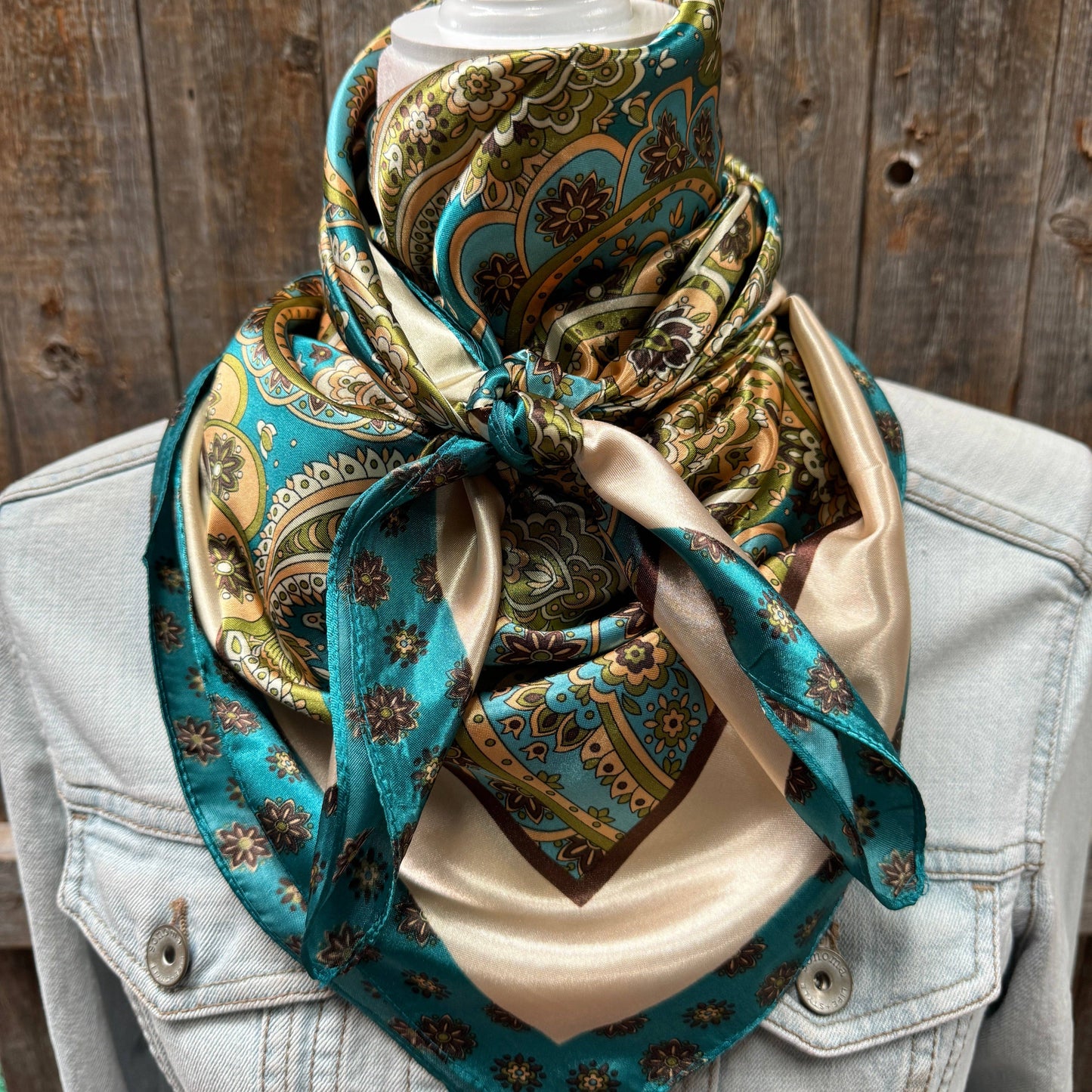 35X35" Teal and Cream Giant Paisley Wild Rag / Scarf WR1027