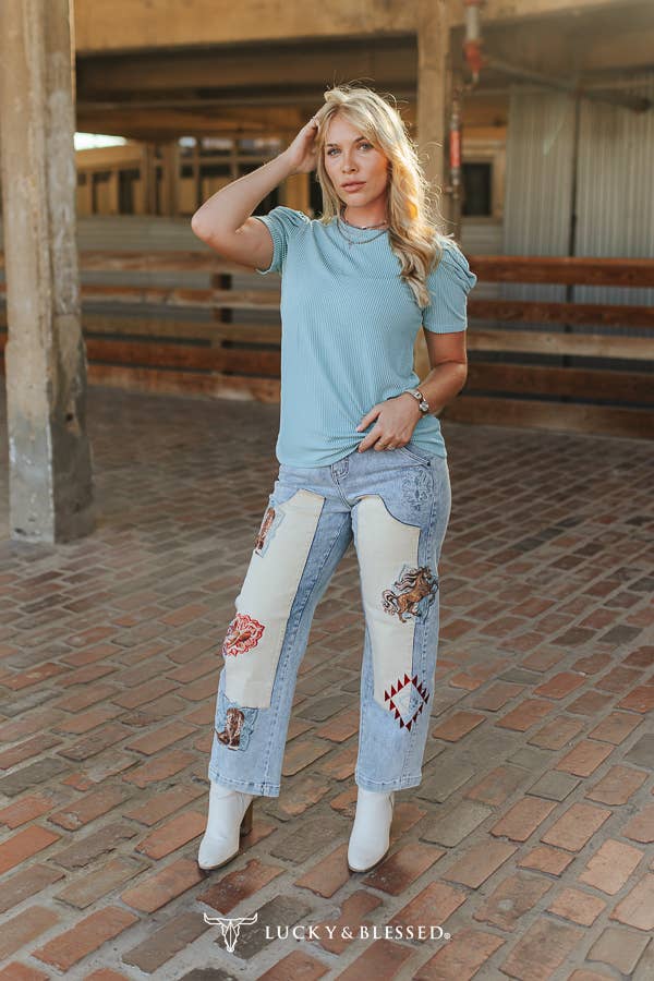 Turquoise Textured Puff Short Sleeve Top