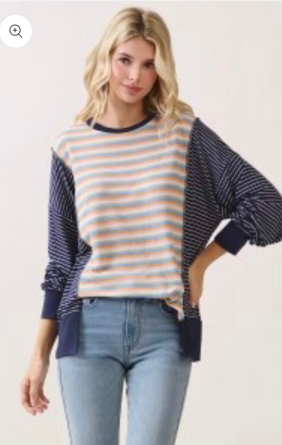 STRIPED RIB CONTRAST LONG SLEEVE PULLOVER TOP
