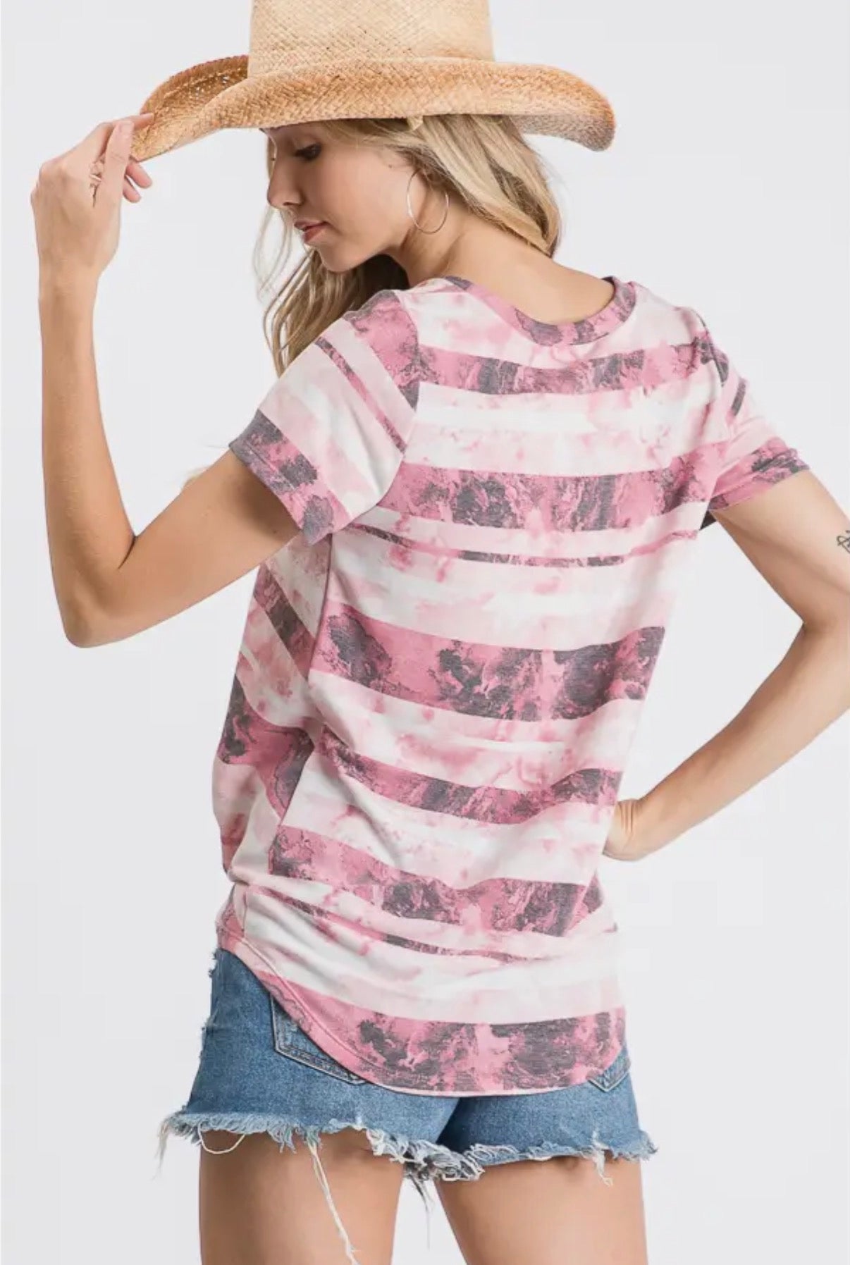 Stripe Tie Dye Knotted Front Short Sleeve Top