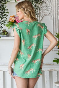 PLUS TIGER PRINT RUFFLE SLEEVE TOP
