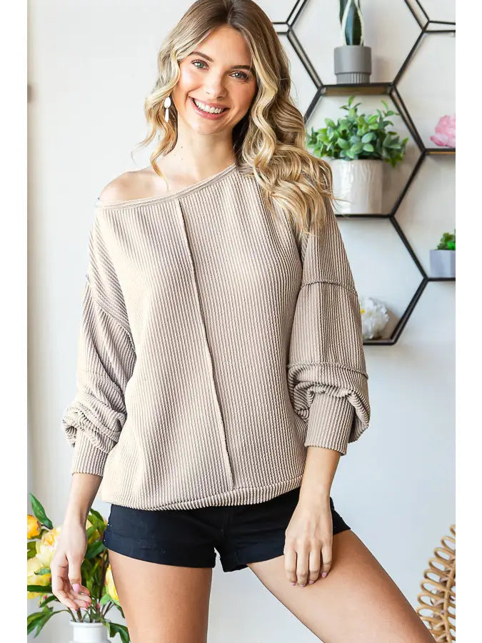 Solid Rib Exposed Stitch Bishop Long Sleeve Top-Small