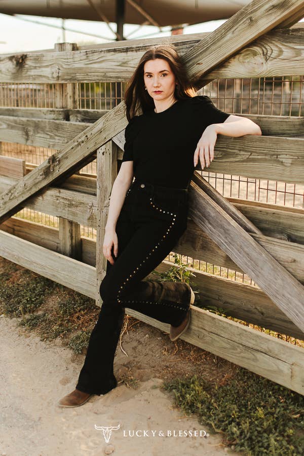 Black Textured Puff Short Sleeve Top