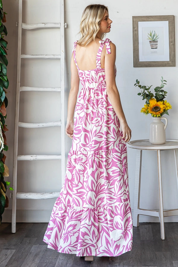 Floral Square Neck Tiered Shoulder Tie Maxi Dress