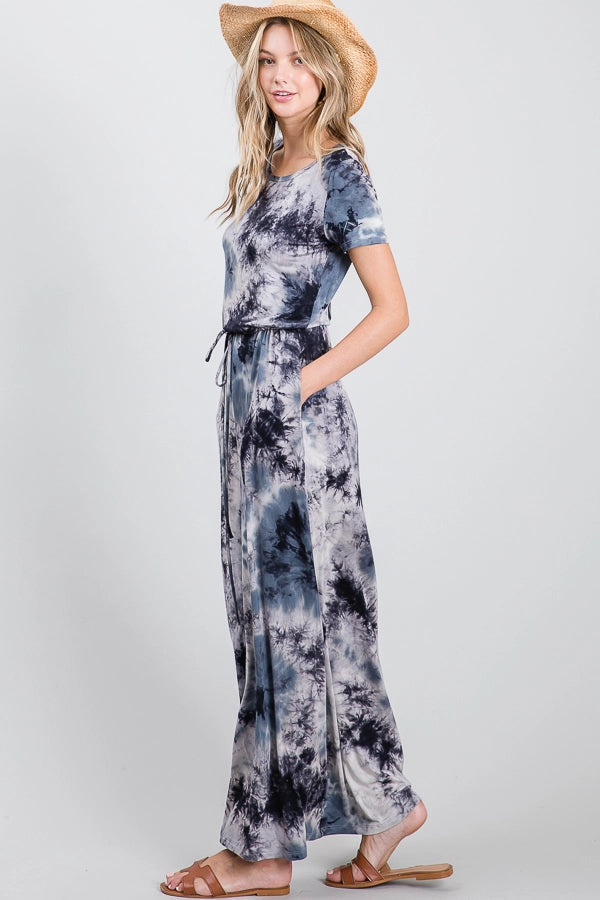 Casual Tie Dye Drawstring Waist Short Sleeve Maxi Dress