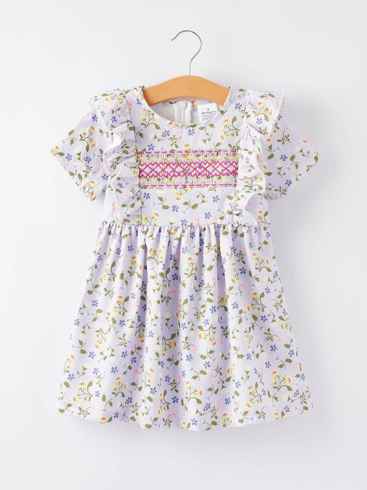 Girls Smocking Embroidered Floral Dress