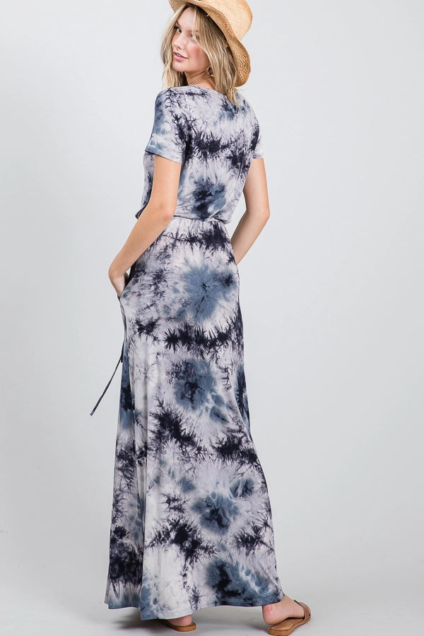 Casual Tie Dye Drawstring Waist Short Sleeve Maxi Dress