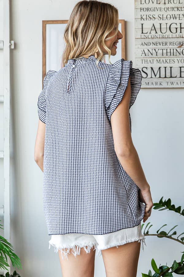 Gingham Ruffle Mock Neck Double Ruffle Blouse T5497