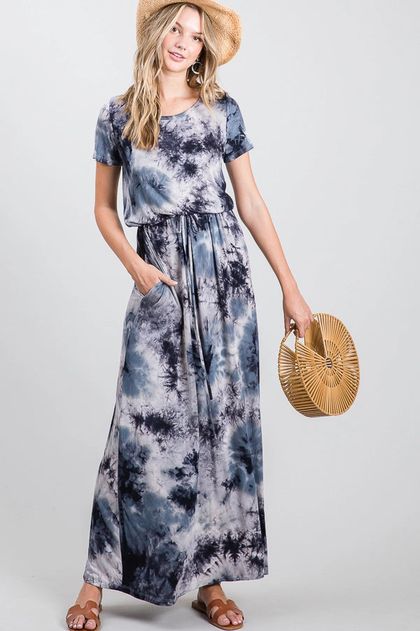 Casual Tie Dye Drawstring Waist Short Sleeve Maxi Dress