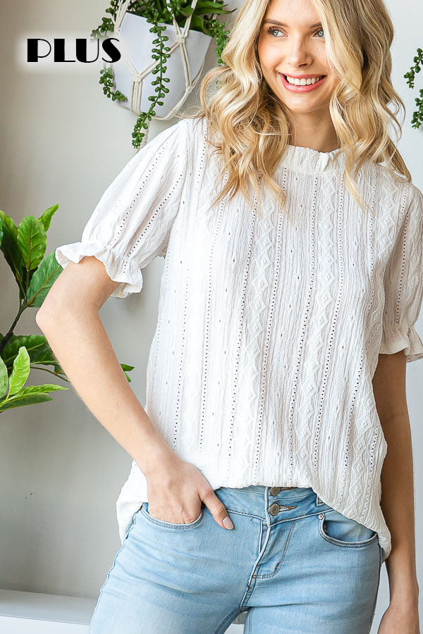 Eyelet Lace Puff Sleeves Mock Neck Blouse