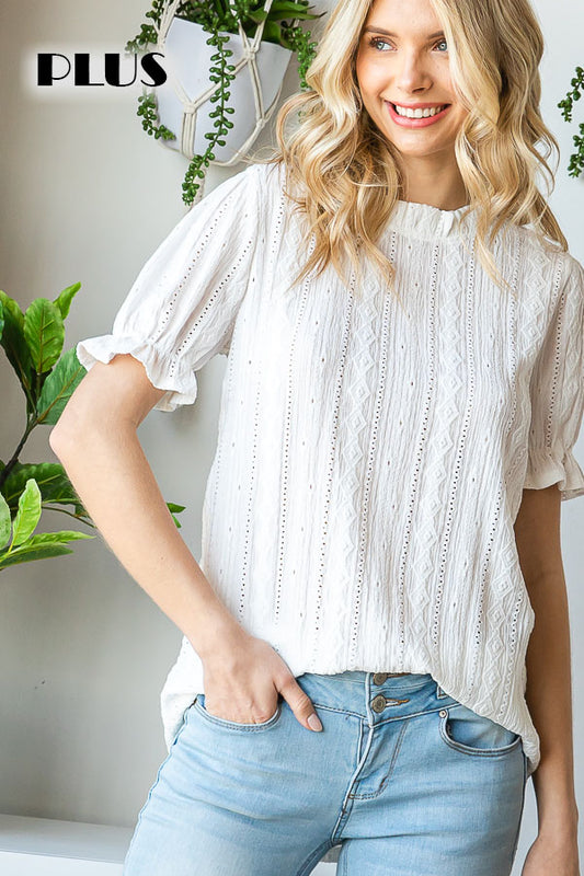 Eyelet Lace Puff Sleeves Mock Neck Blouse