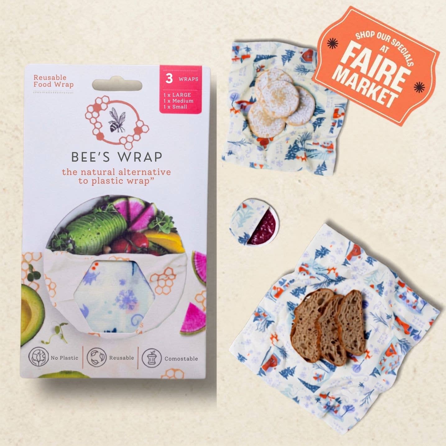 Bee's Wrap Assorted 3 Pack Reusable Beeswax Wrap -Snow Day