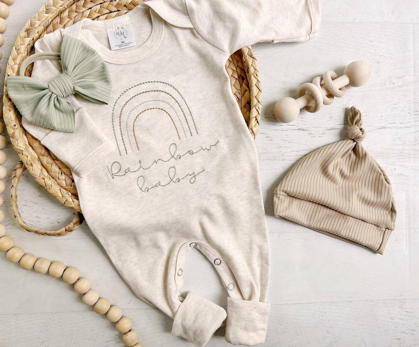 Neutral Tone Boho Baby Outfit With A Sweet Muted Rainbow