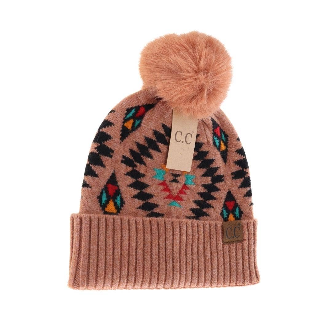 Aztec Patterned Faux Fur Pom C.C Beanie HAT3001