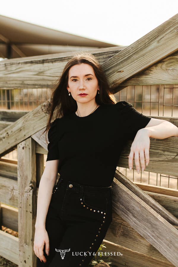 Black Textured Puff Short Sleeve Top