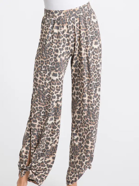 Leopard Print Lightweight Split Side Ankle Tie Pants