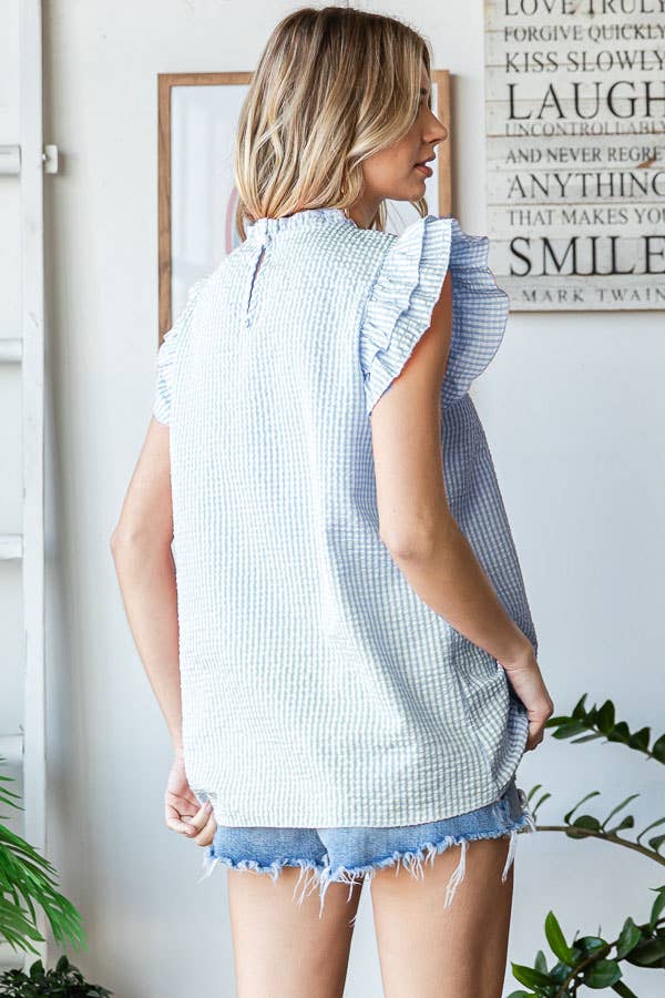 Gingham Ruffle Mock Neck Double Ruffle Blouse T5497