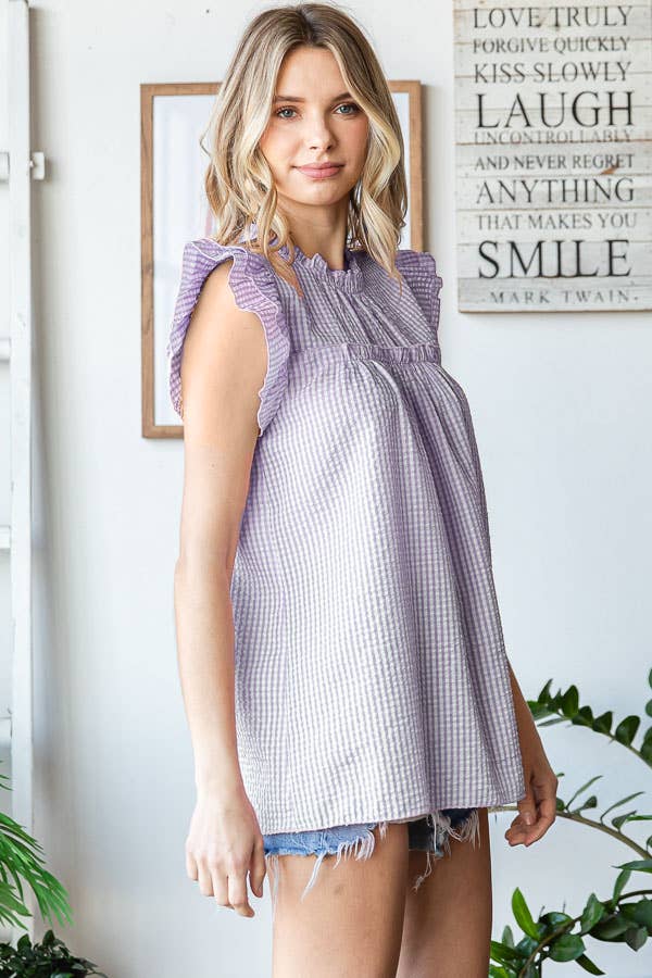 Gingham Ruffle Mock Neck Double Ruffle Blouse T5497