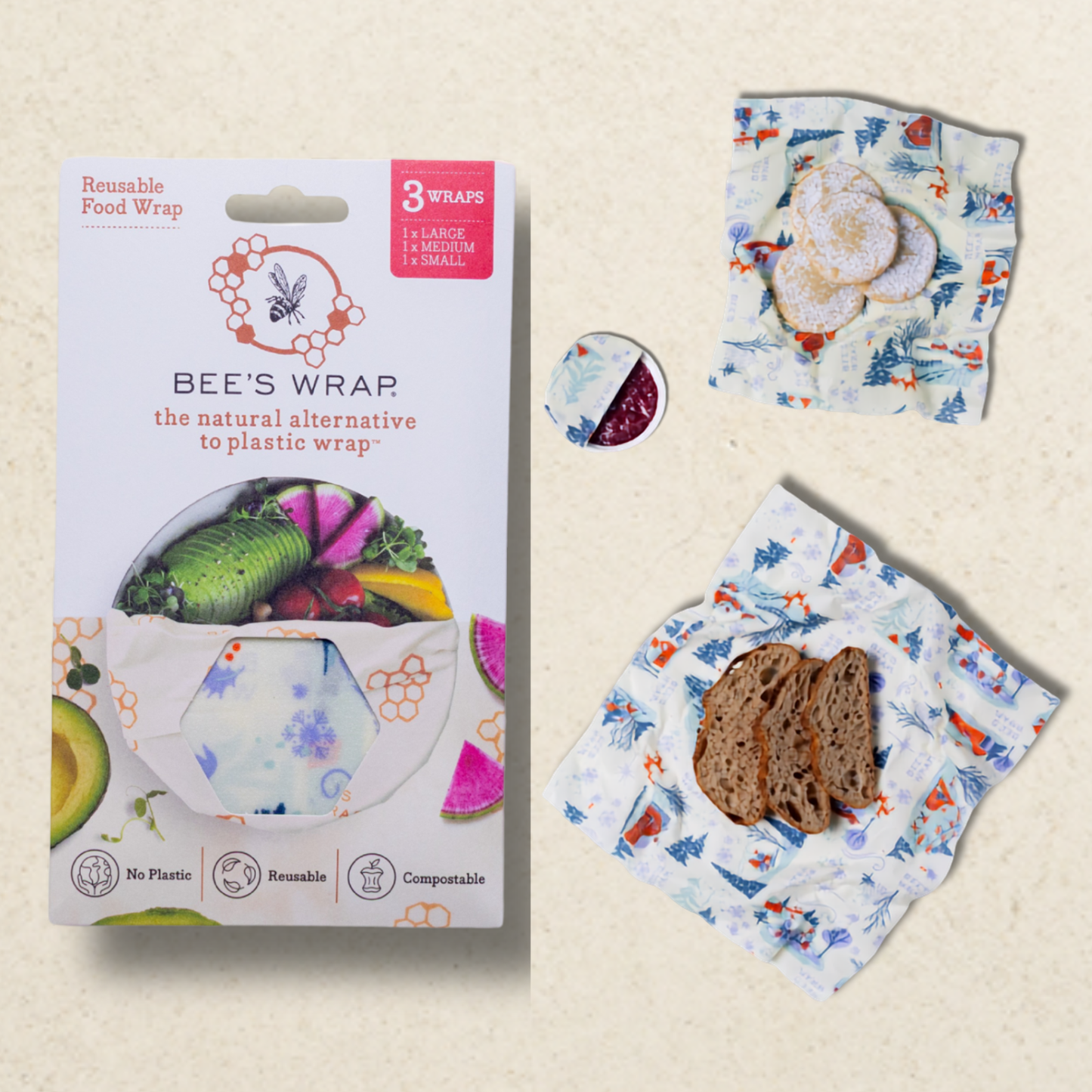 Bee's Wrap Assorted 3 Pack Reusable Beeswax Wrap -Snow Day