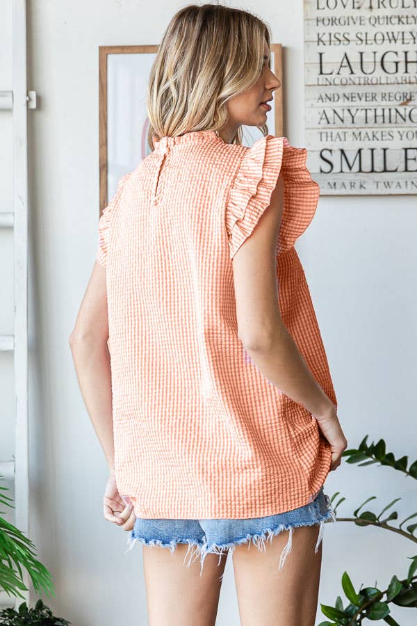 Gingham Ruffle Mock Neck Double Ruffle Blouse T5497