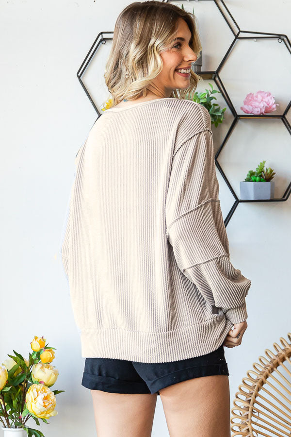 Solid Rib Exposed Stitch Bishop Long Sleeve Top-Small