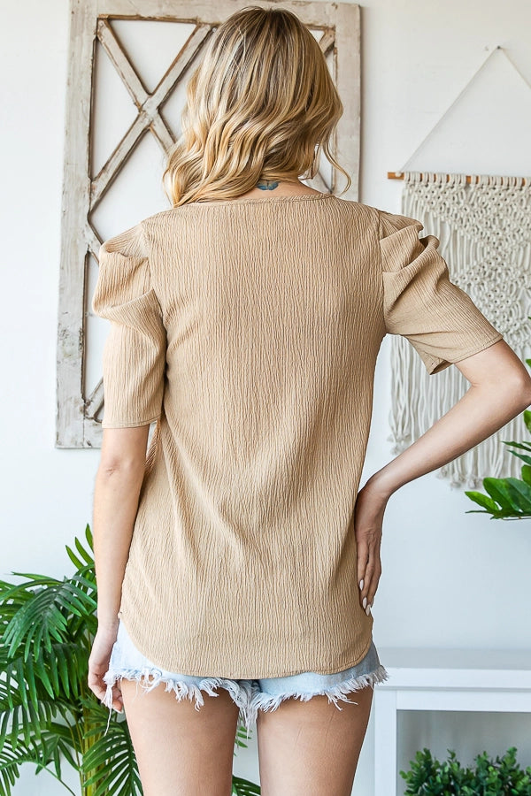 Casual V-Neck Crinkle Gauze Blouse For Women