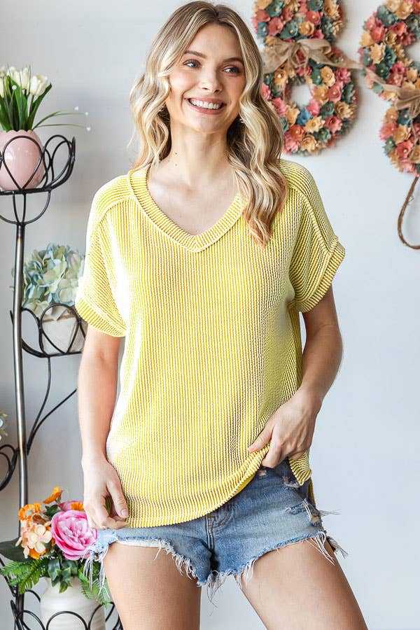 Solid Rib V Neck Side Slit Banded Short Sleeve Top T5482