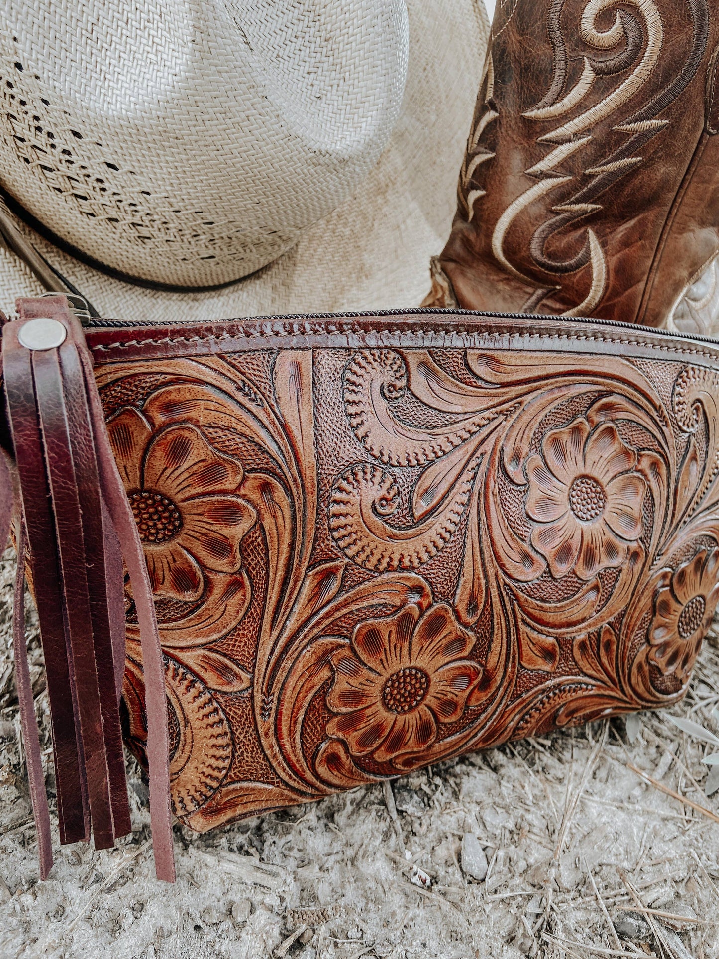 Tooled Leather Wristlet - Toiletry Bag