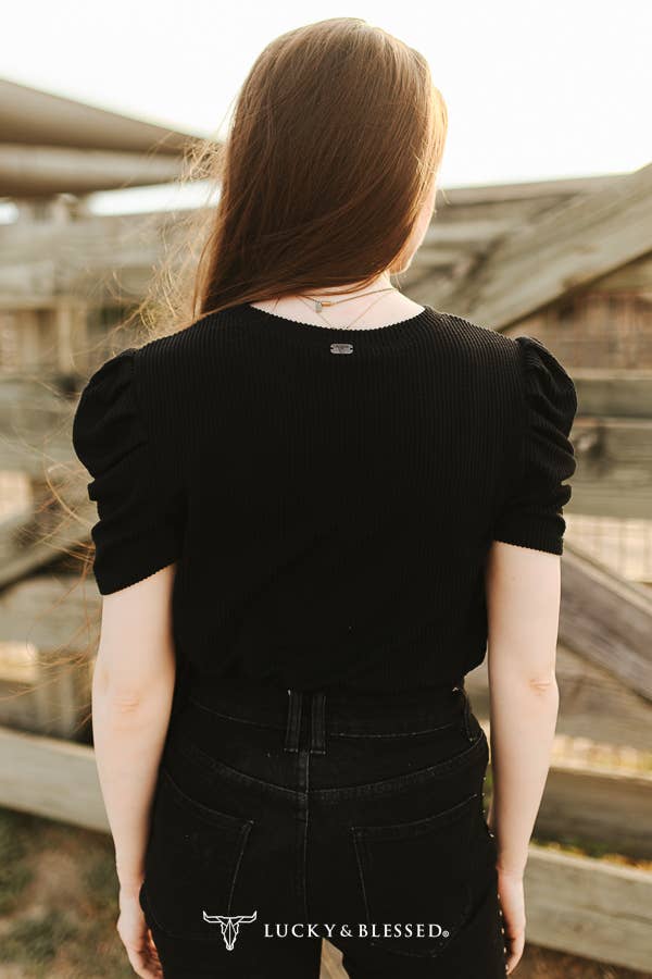 Black Textured Puff Short Sleeve Top