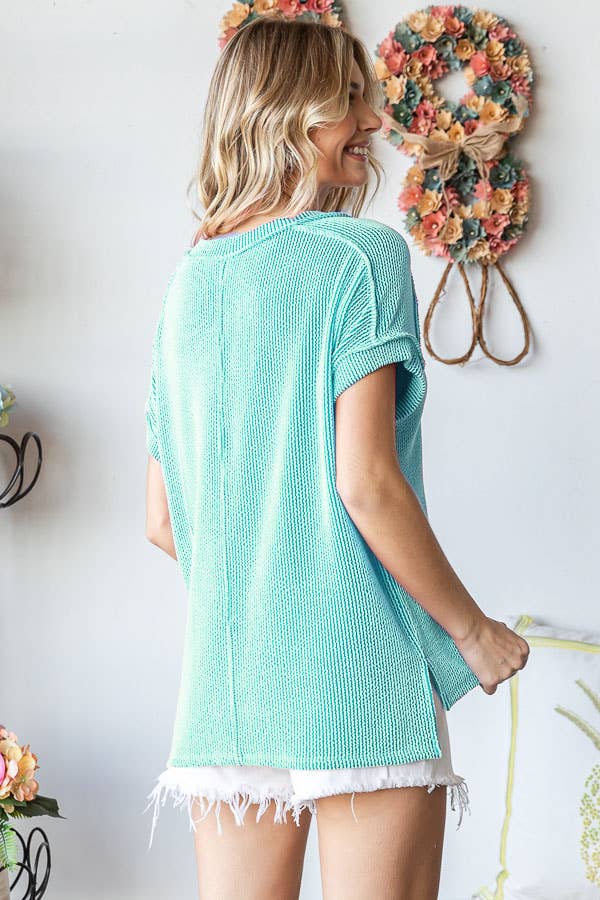 Solid Rib V Neck Side Slit Banded Short Sleeve Top T5482