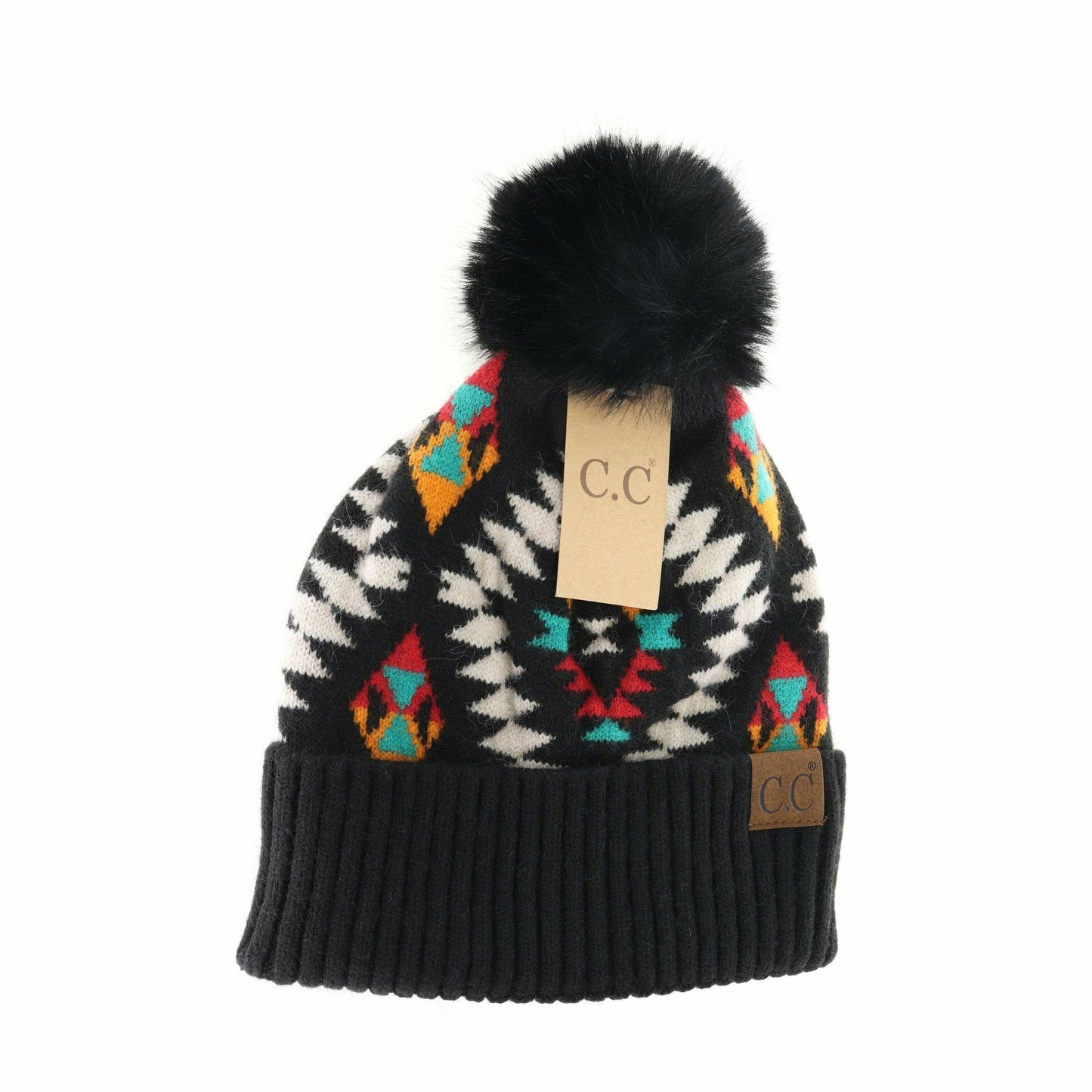 Aztec Patterned Faux Fur Pom C.C Beanie HAT3001