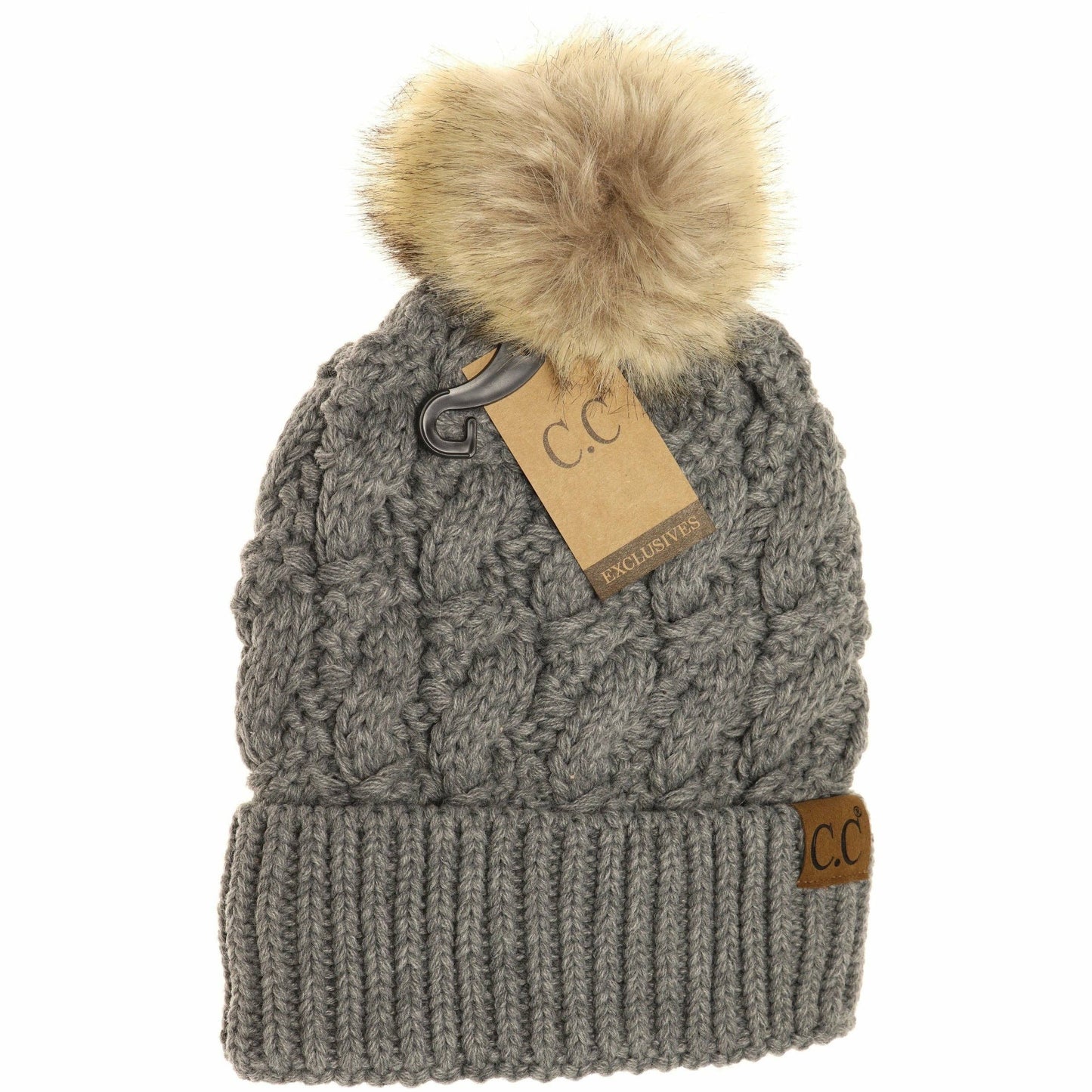 Ribbed Cable Knit Fur Pom Beanie YJ2021