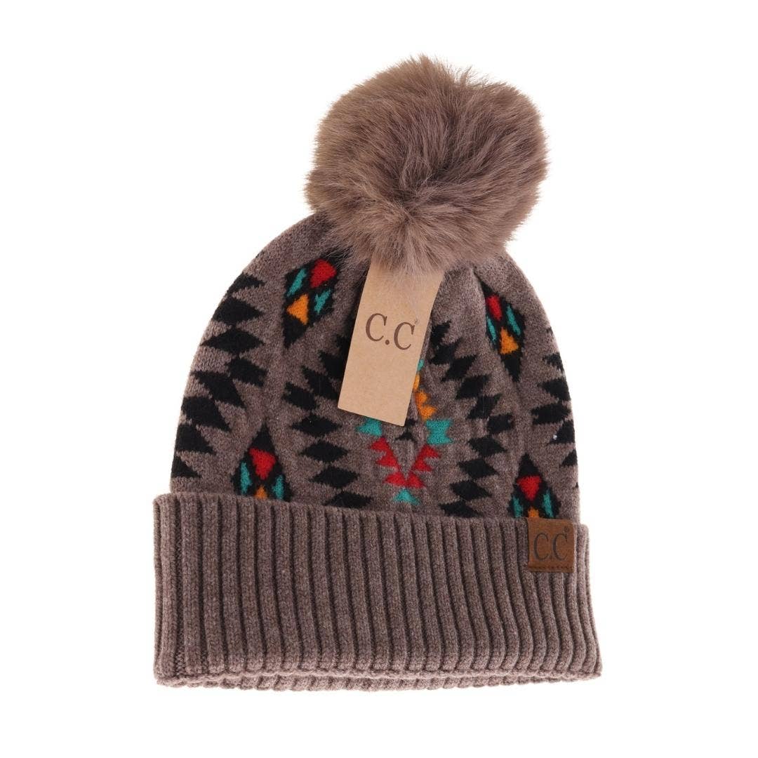 Aztec Patterned Faux Fur Pom C.C Beanie HAT3001