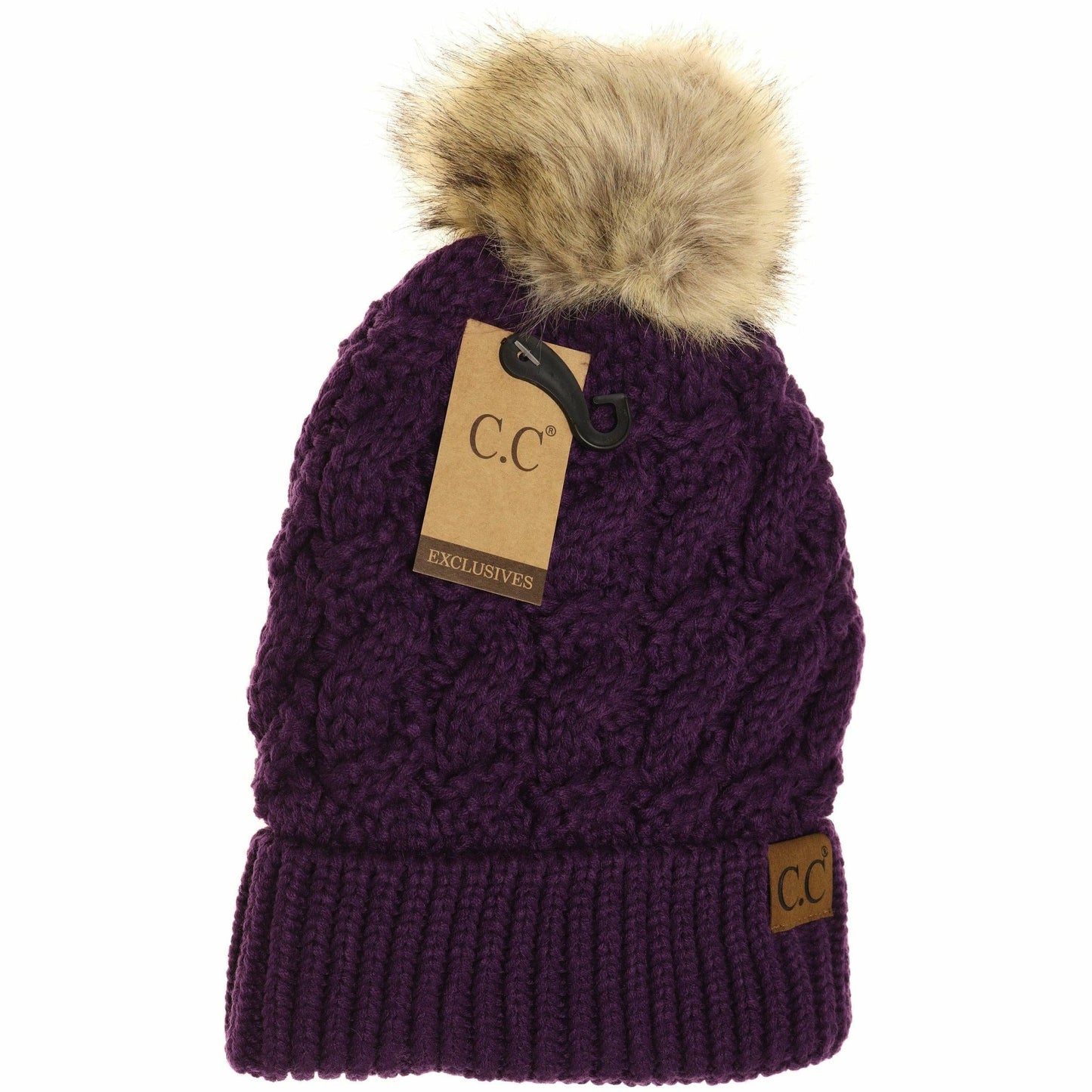 Ribbed Cable Knit Fur Pom Beanie YJ2021