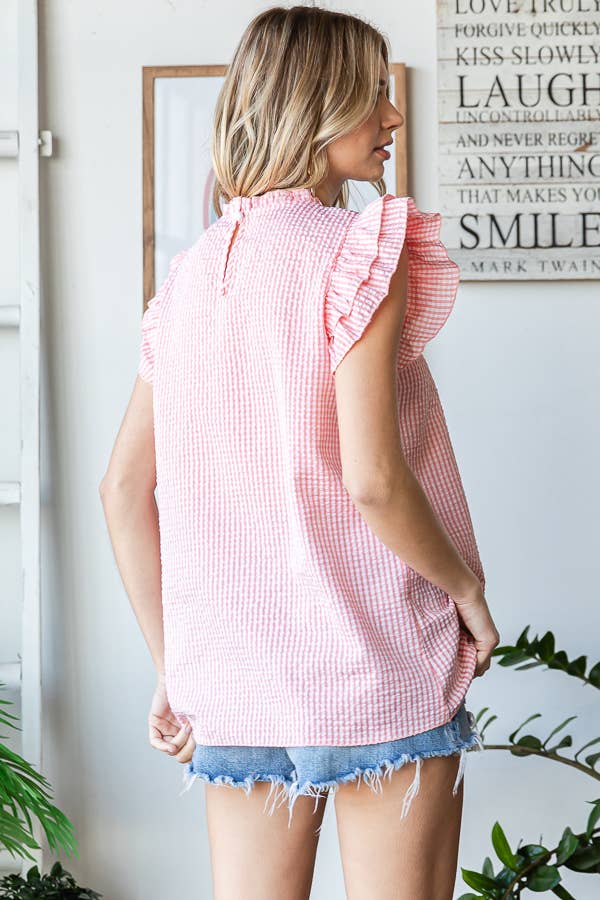 Gingham Ruffle Mock Neck Double Ruffle Blouse T5497