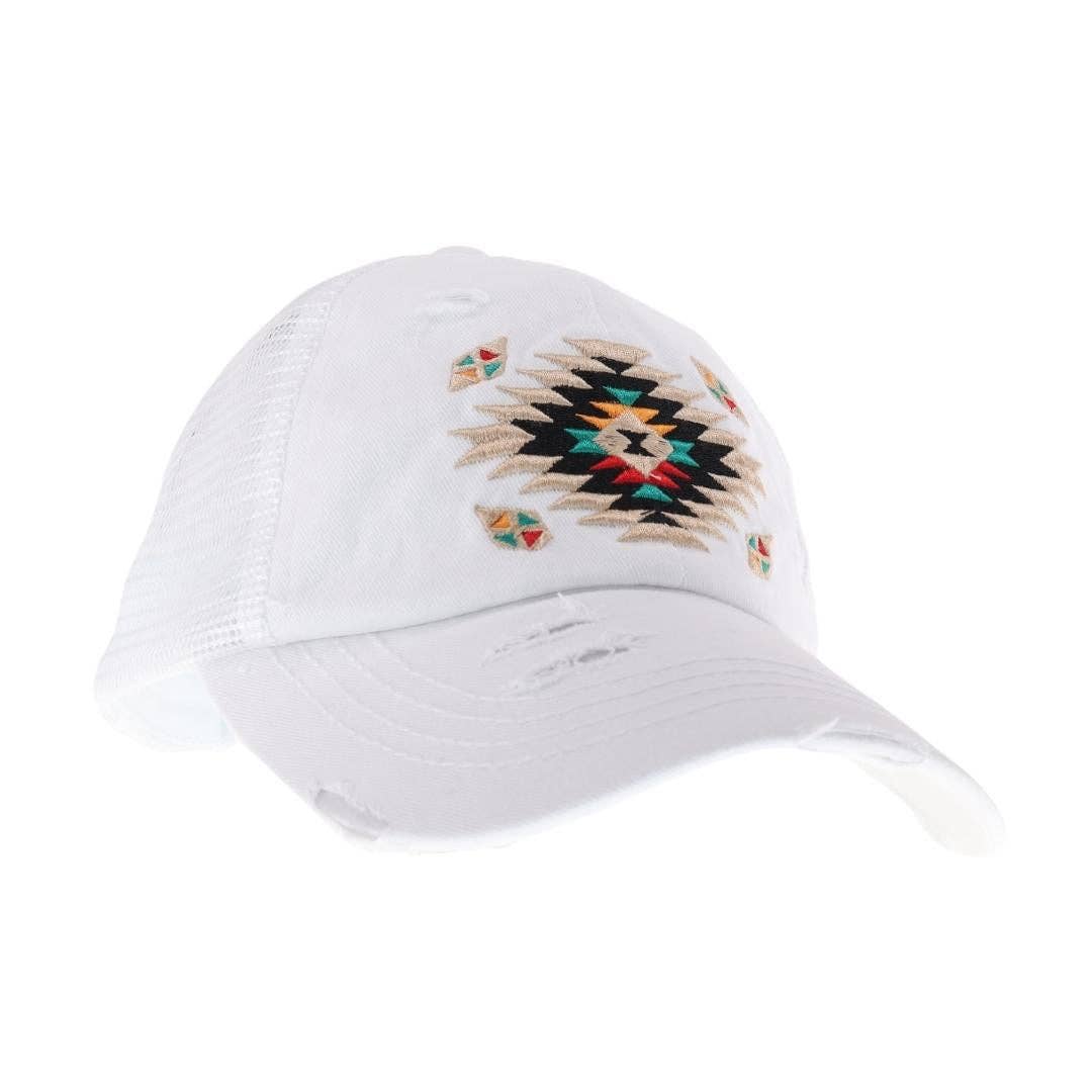 Distressed Aztec Patch Criss Cross High Pony C.C Ball Cap BT