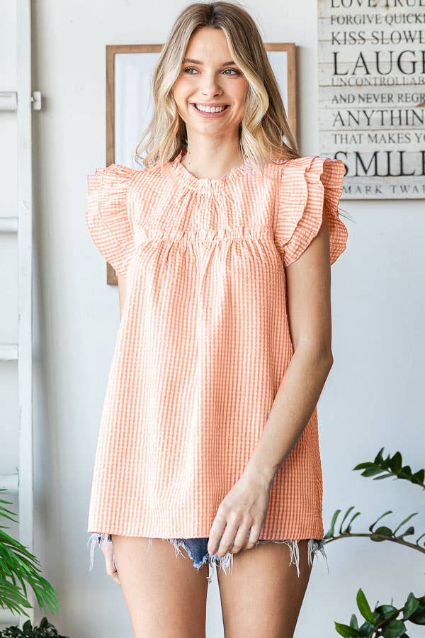Gingham Ruffle Mock Neck Double Ruffle Blouse T5497