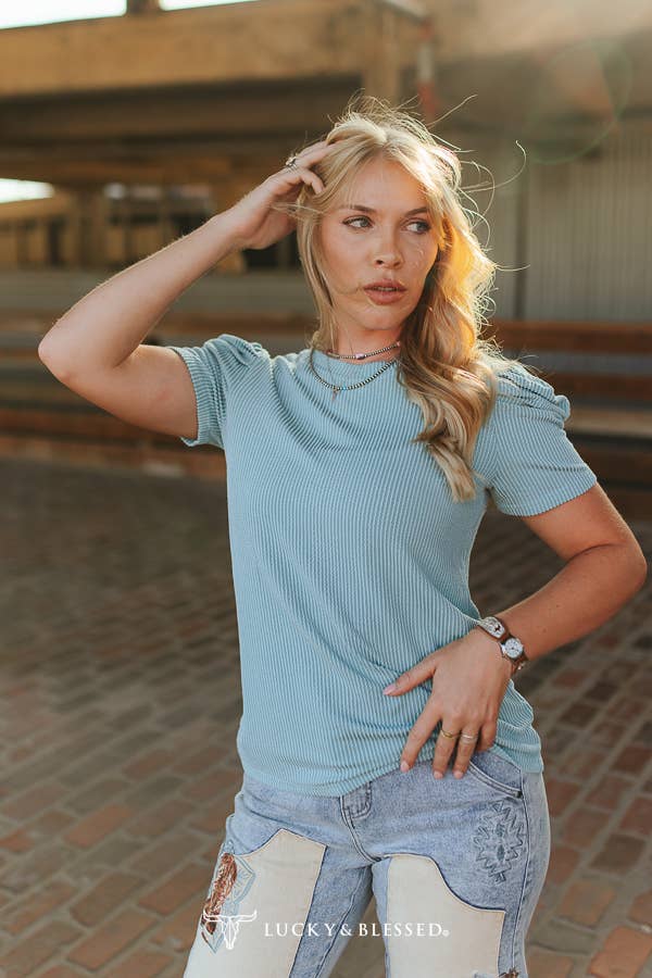 Turquoise Textured Puff Short Sleeve Top