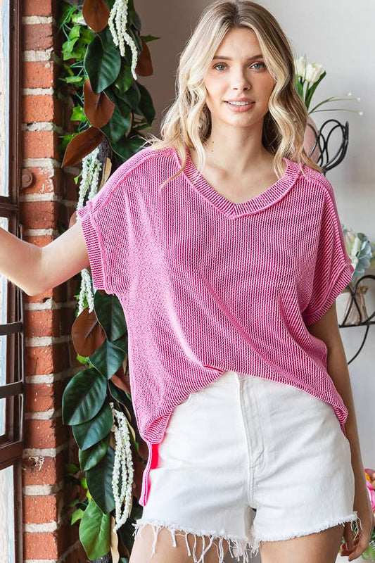 Solid Rib V Neck Side Slit Banded Short Sleeve Top T5482