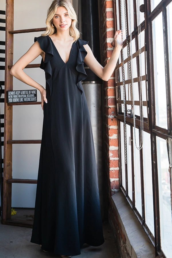 Flowy V-Neck Crossed Open Back Ruffle Maxi Dress
