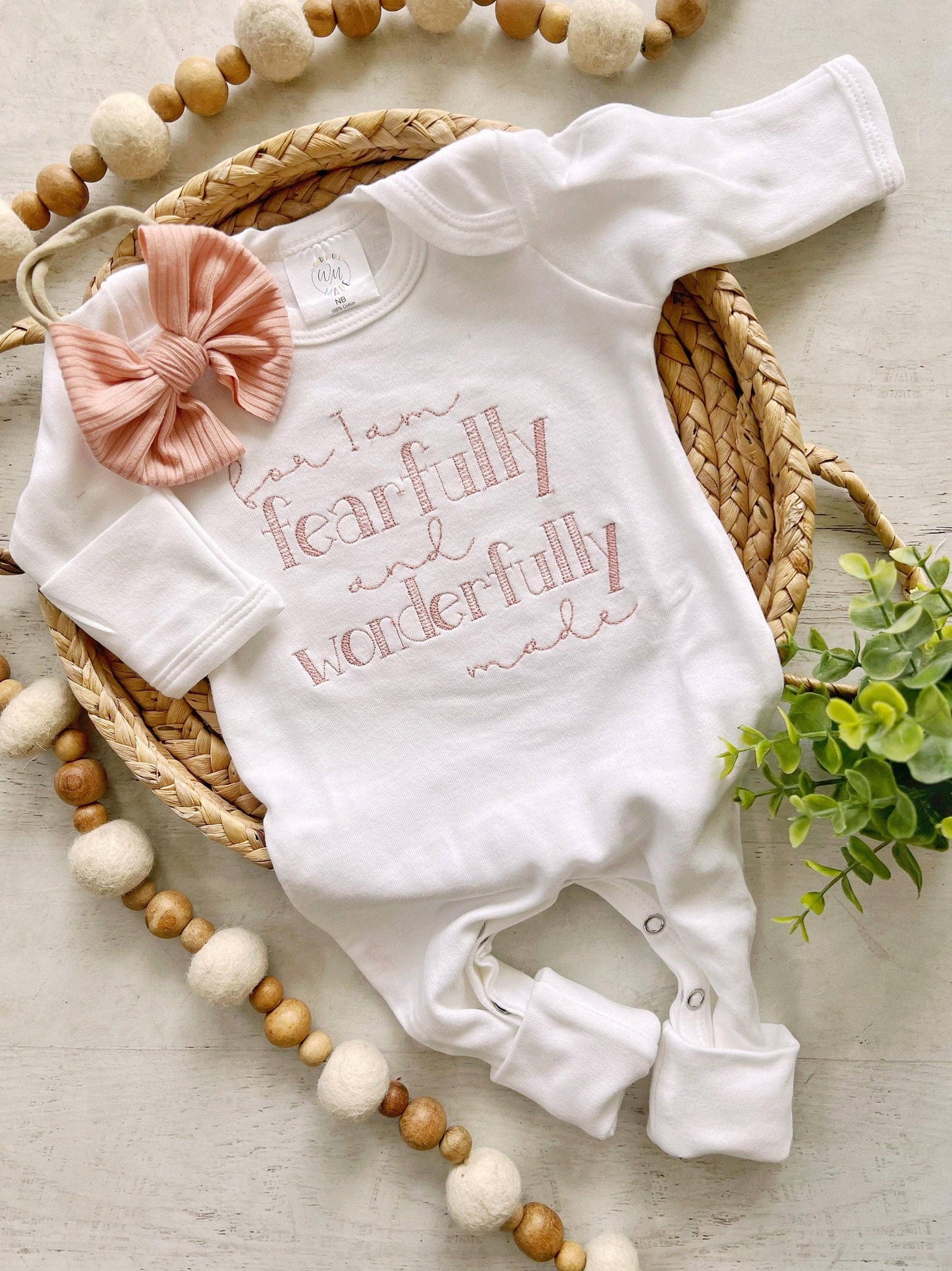 Newborn Baby Girl Outfit | White Romper Fearfully Wonderfully Made In Blush Pink