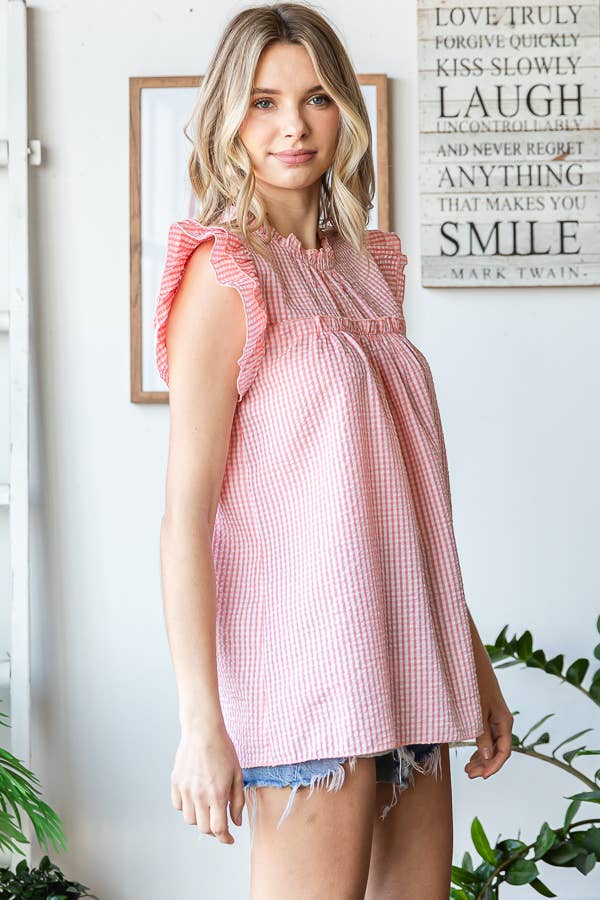 Gingham Ruffle Mock Neck Double Ruffle Blouse T5497