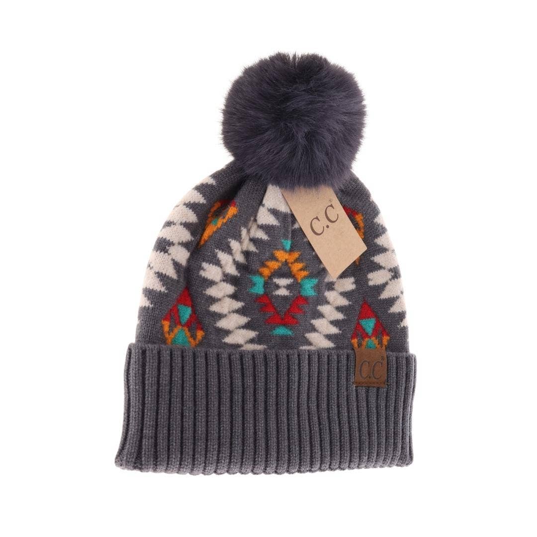 Aztec Patterned Faux Fur Pom C.C Beanie HAT3001