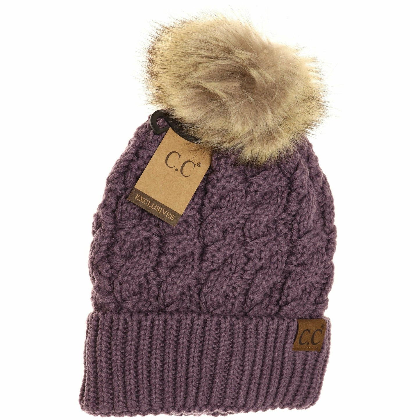 Ribbed Cable Knit Fur Pom Beanie YJ2021