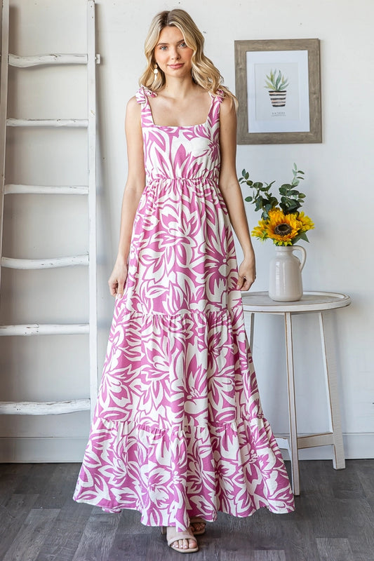 Floral Square Neck Tiered Shoulder Tie Maxi Dress