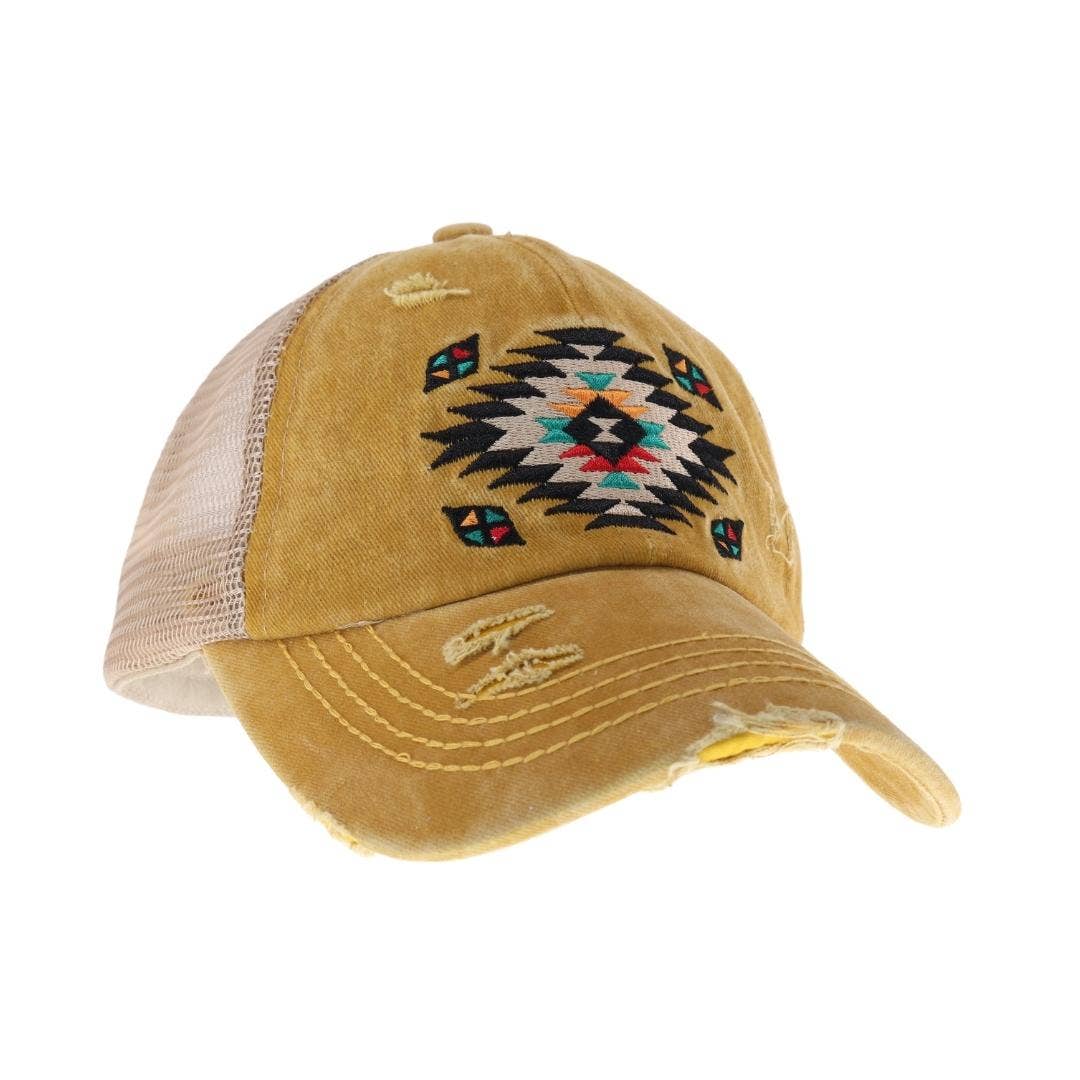 Distressed Aztec Patch Criss Cross High Pony C.C Ball Cap BT