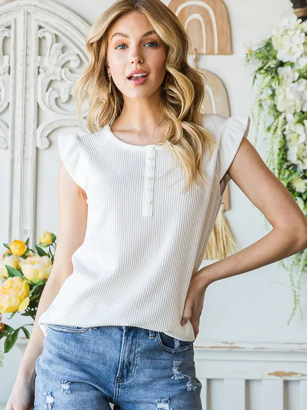 Solid Rib button front ruffle cap sleeve