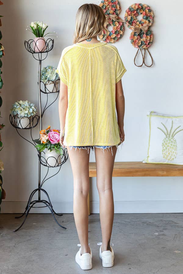 Solid Rib V Neck Side Slit Banded Short Sleeve Top T5482