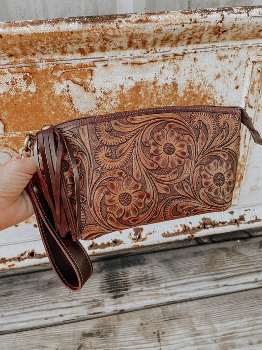 Tooled Leather Wristlet - Toiletry Bag