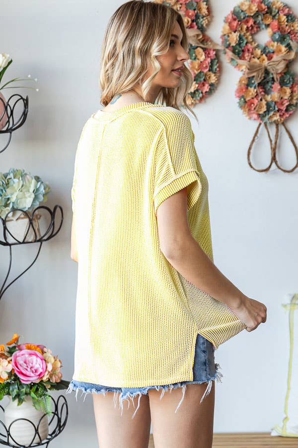 Solid Rib V Neck Side Slit Banded Short Sleeve Top T5482